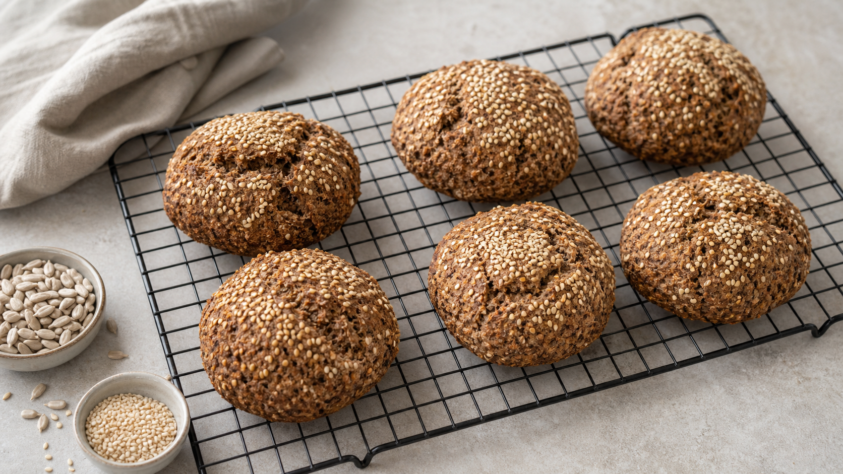 Sechs dunkle Keto Leinsamenbrötchen mit Sesam auf einem Gitterrost