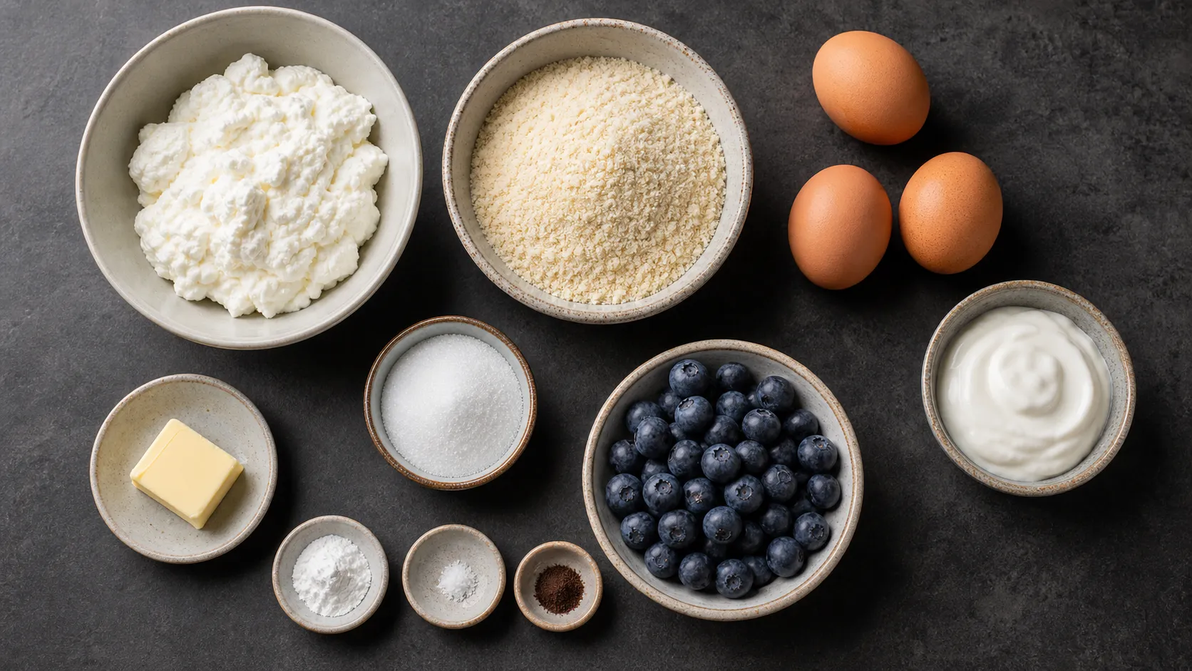 Zutaten für Keto-Magerquark-Pancakes: Magerquark, Eier, Mandelmehl, Erythrit und Blaubeeren