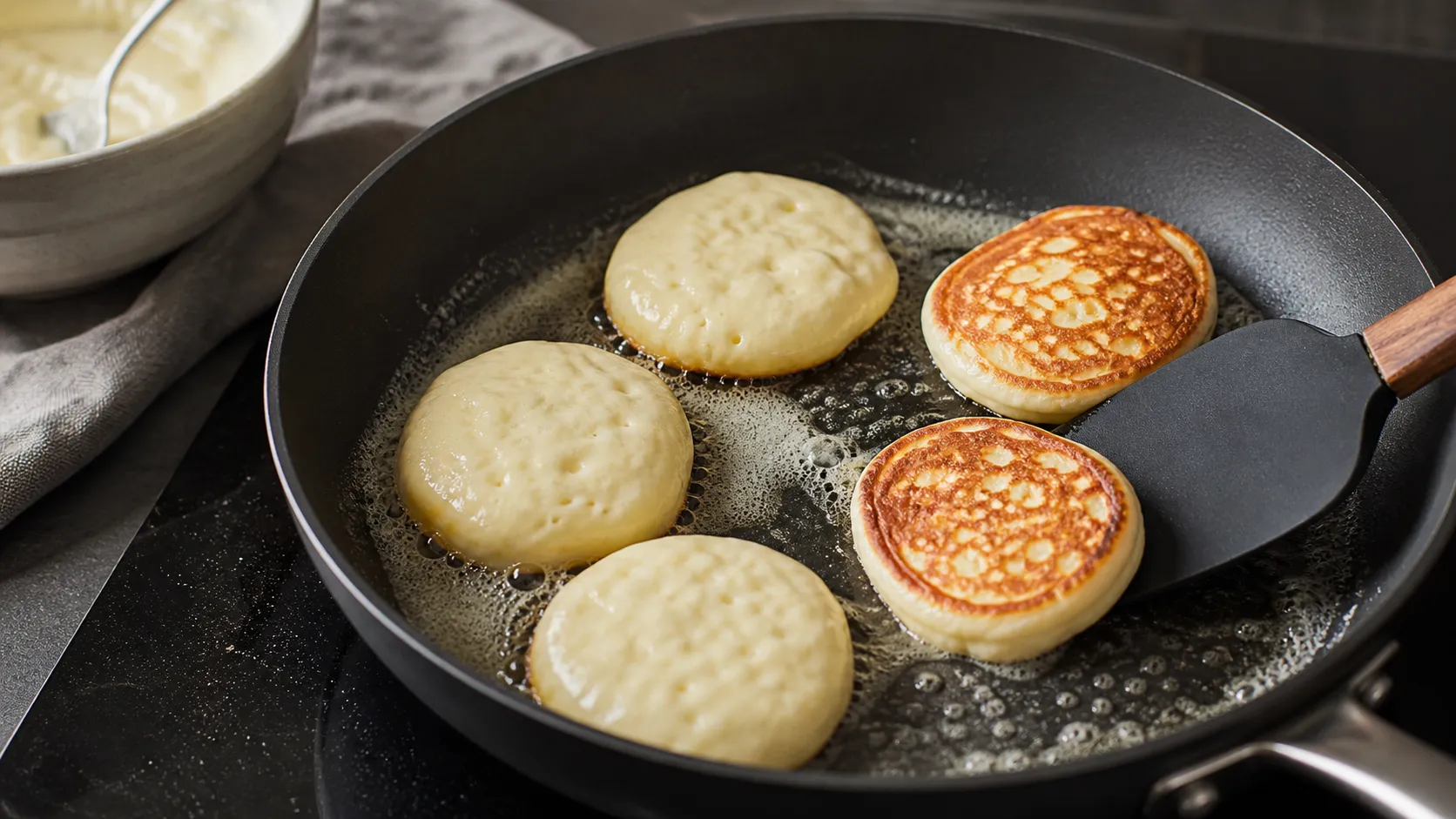 Kleine Magerquark-Pancakes braten goldbraun in einer beschichteten Pfanne