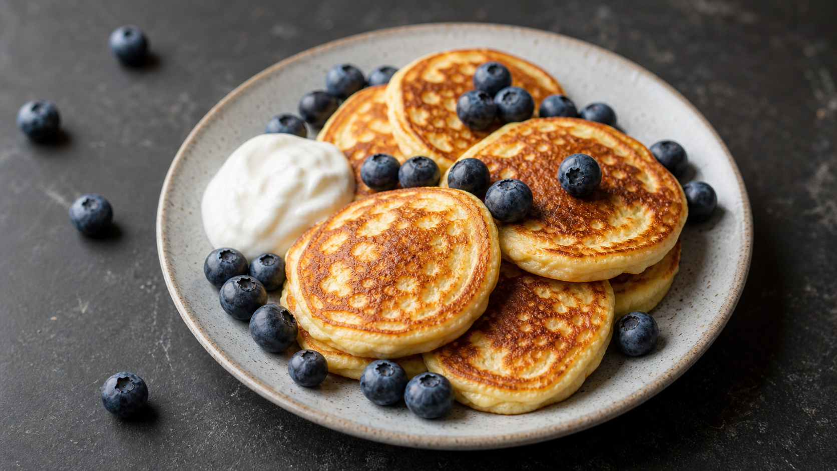 Gestapelte Keto-Magerquark-Pancakes mit frischen Blaubeeren und einem Klecks Joghurt auf einem Teller