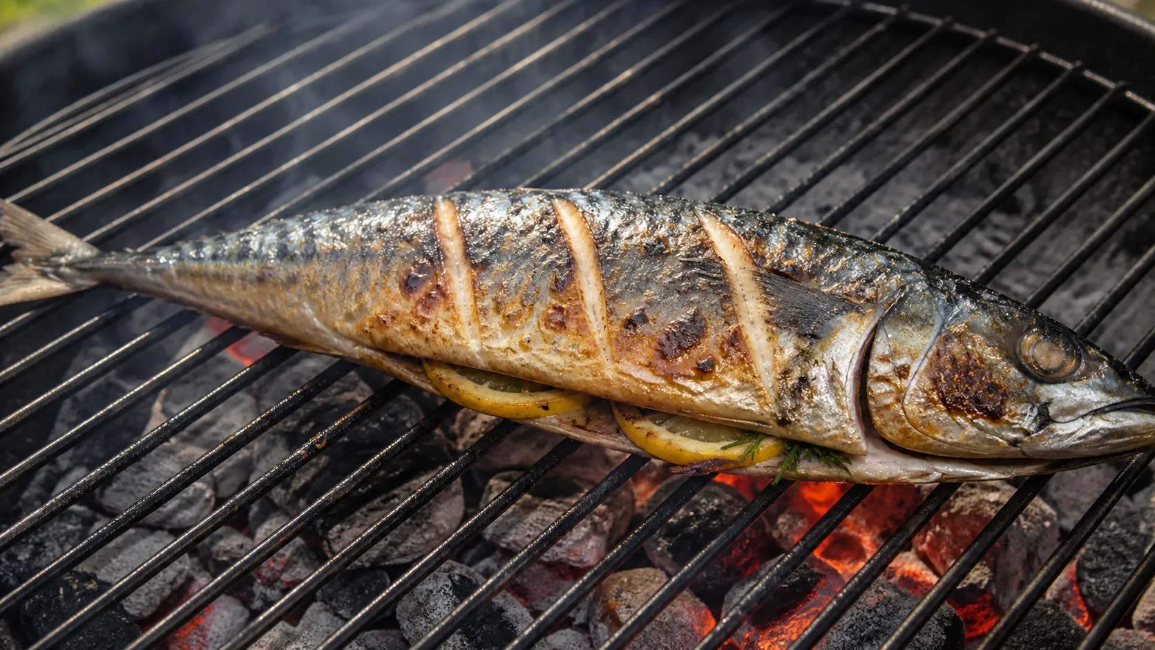 Eingeschnittene Makrele auf dem heißen Grillrost, die Haut wirft Blasen und bräunt