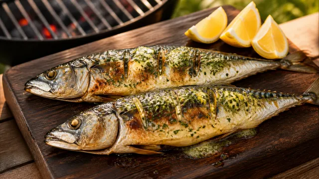 Zwei ganze gegrillte Makrelen mit knuspriger Haut auf einem Holzbrett, daneben schmelzende Kräuterbutter und Zitronenspalten