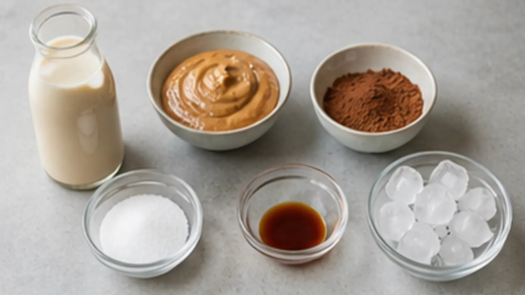 Zutaten für Keto-Kakao-Smoothie mit Mandelmus, Backkakao, Mandeldrink, Erythrit, Vanille und Eiswürfeln