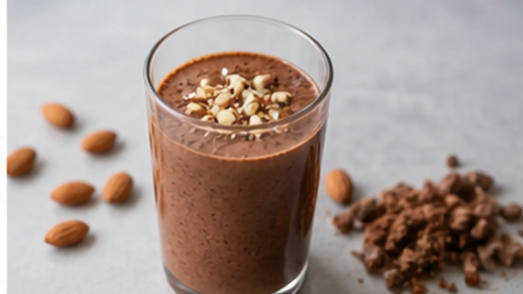 Keto-Mandelbutter-Kakao-Smoothie im Glas mit gehackten Mandeln und Kakaopulver