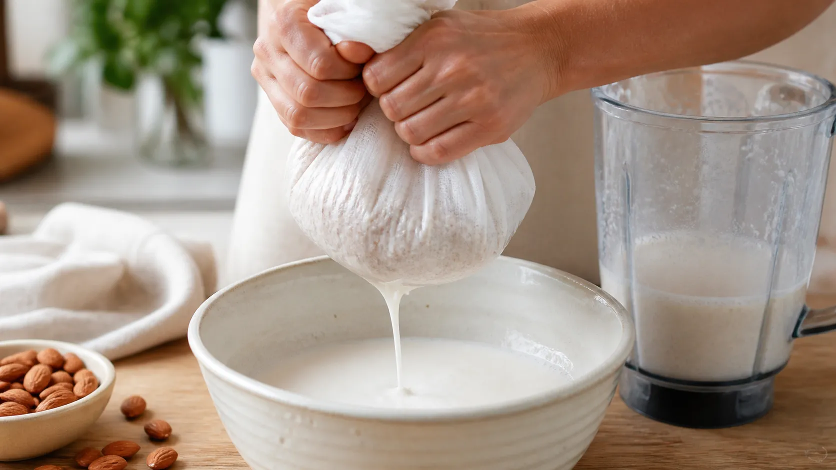Weiße Mandelmilch wird durch ein Nussmilchtuch in eine Schüssel gefiltert
