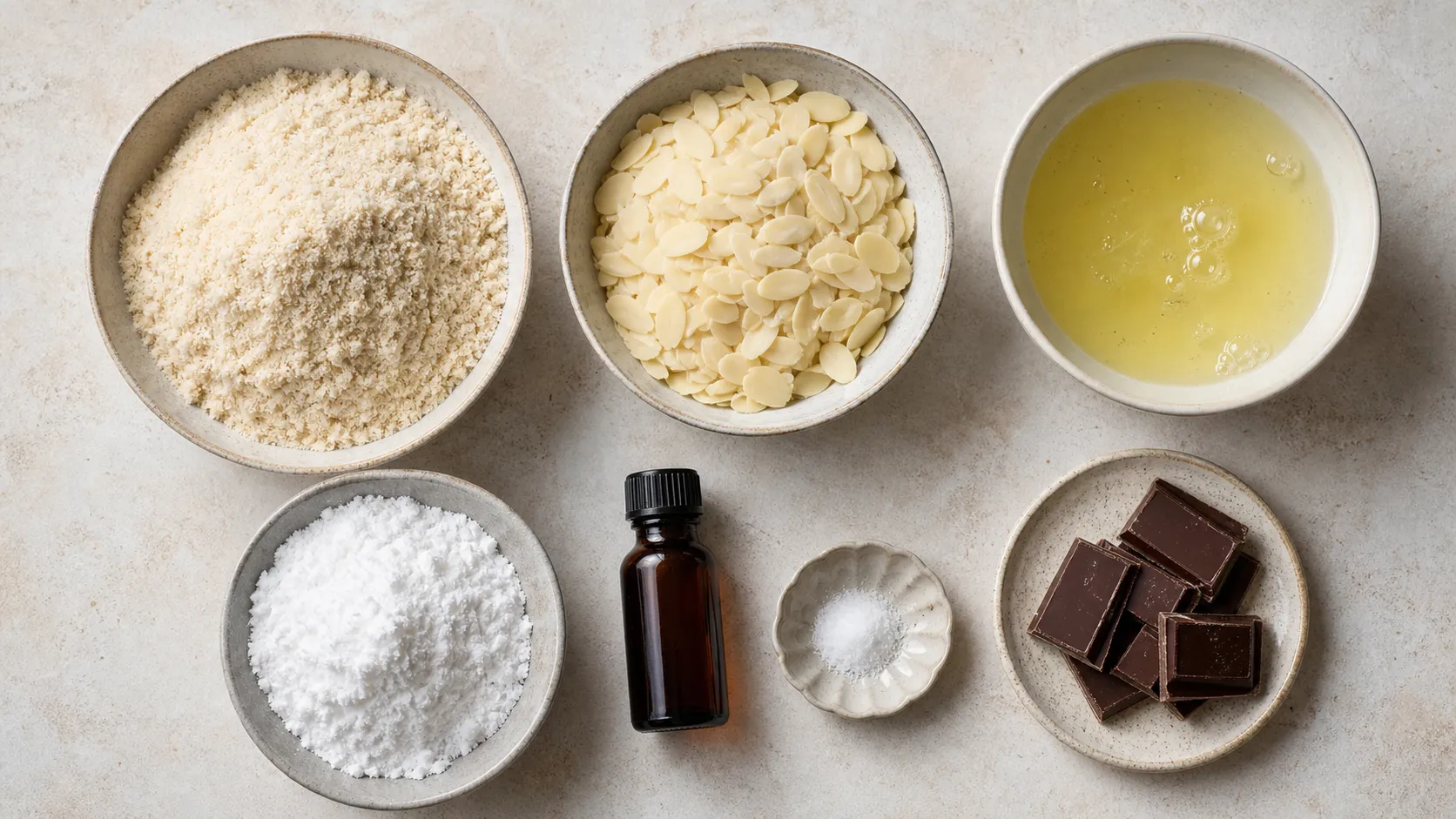 Zutaten für Keto Mandelhörnchen: gemahlene Mandeln, Mandelblättchen, Eiweiß, Erythrit und Schokolade