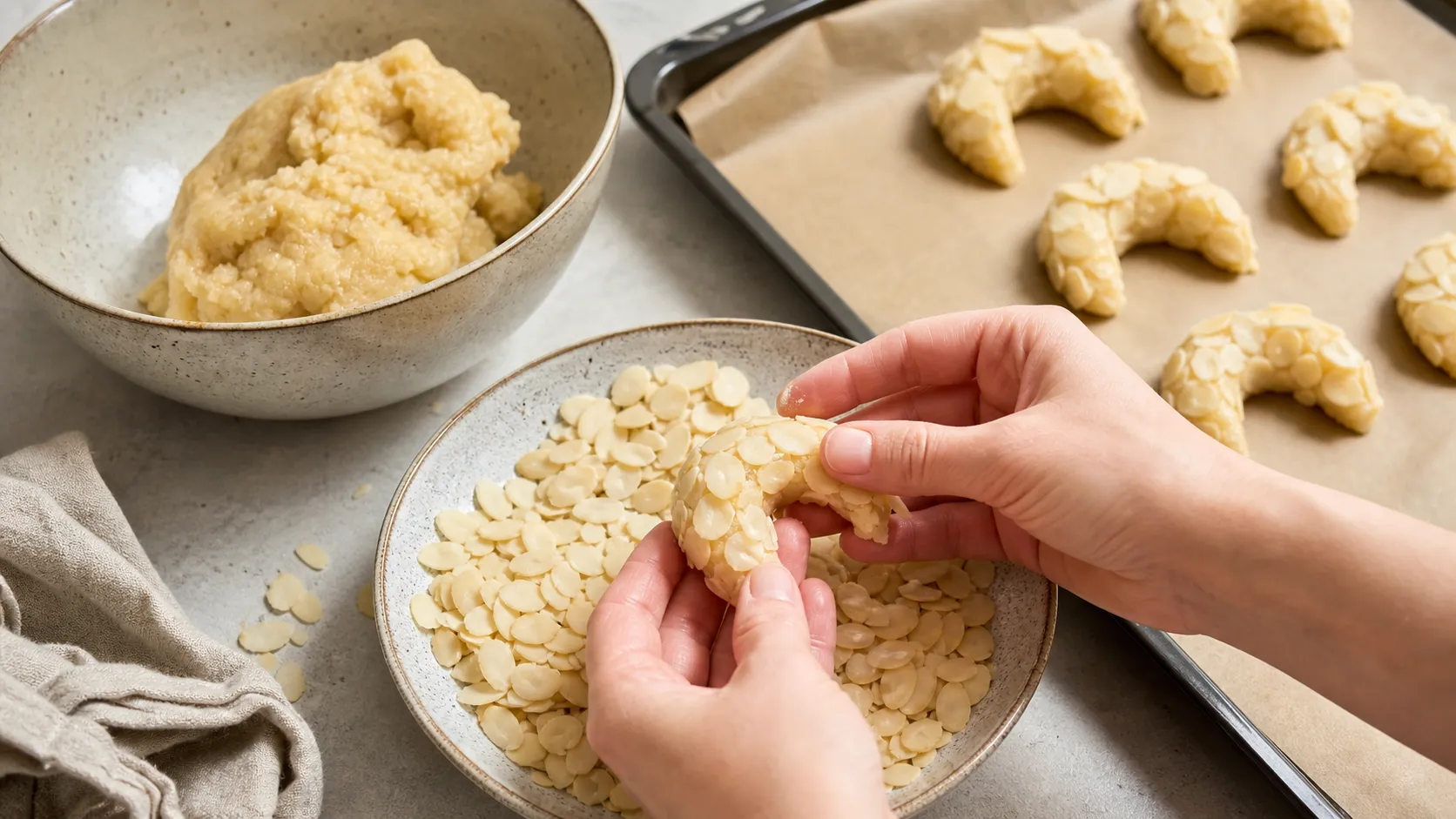 Teigrollen werden in Mandelblättchen gewälzt und zu Hörnchen gebogen