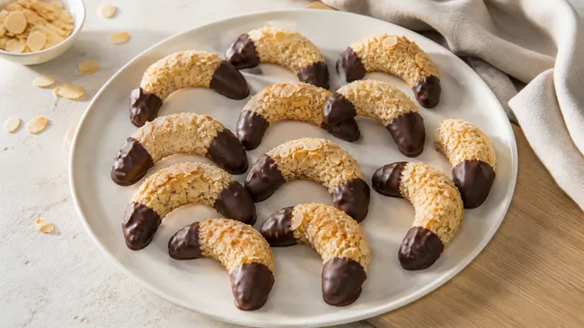 Keto Mandelhörnchen mit Mandelblättchen und in Schokolade getauchten Spitzen