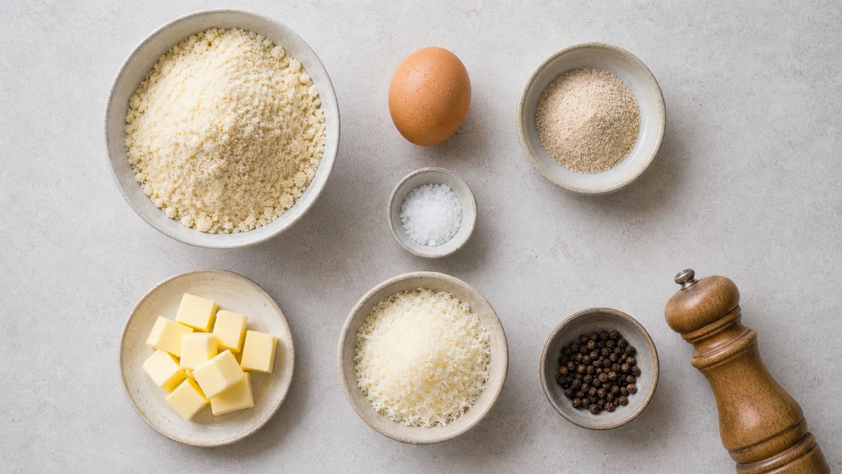Zutaten für Keto Mandelmehl-Pasta: Mandelmehl, Ei, Flohsamenschalen, Parmesan, Butter und schwarzer Pfeffer