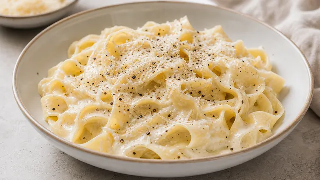Keto Mandelmehl-Pasta Alfredo auf einem tiefen Teller: selbstgemachte breite Nudeln aus Mandelmehl in cremiger Butter-Parmesan-Sauce