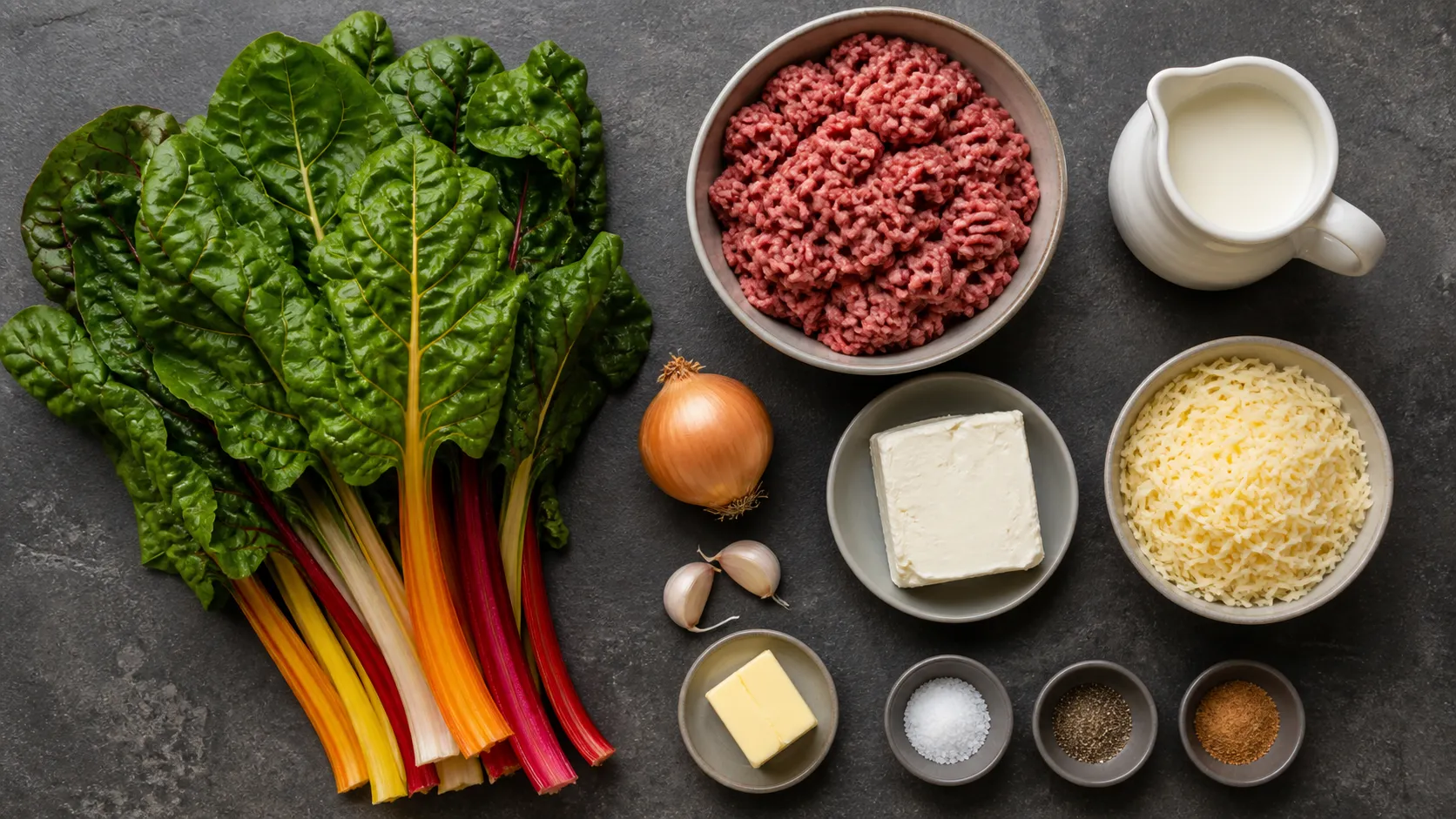 Zutaten für den Auflauf: frischer Mangold mit farbigen Stielen, Rinderhackfleisch, Sahne, Frischkäse, geriebener Bergkäse und Zwiebel