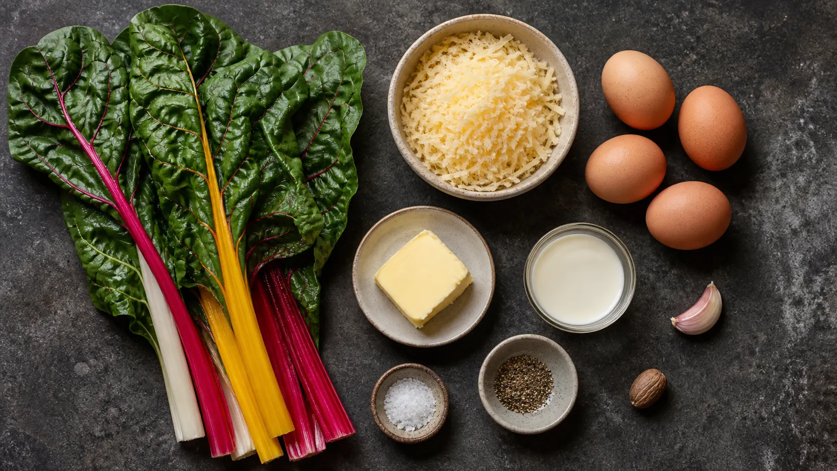 Zutaten für die Keto-Mangoldpfanne: frischer Mangold mit bunten Stielen, Eier, geriebener Bergkäse, Butter und Knoblauch