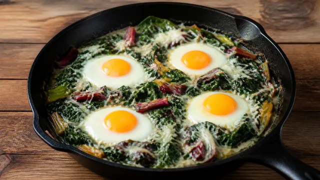 Pfanne mit gebratenem Mangold, cremiger Sahne, geschmolzenem Bergkäse und vier Eiern mit flüssigem Dotter