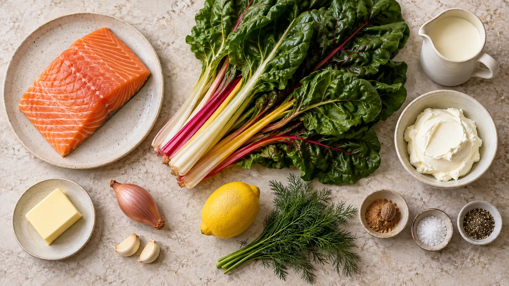 Zutaten für die Keto-Mangold-Lachs-Pfanne: Lachsfilet, Mangold, Sahne, Frischkäse, Schalotte, Zitrone und Dill