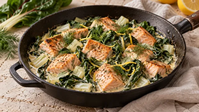 Keto-Mangold-Lachs-Pfanne mit Zitronenrahm angerichtet in einer Pfanne mit Lachsstücken und Mangold