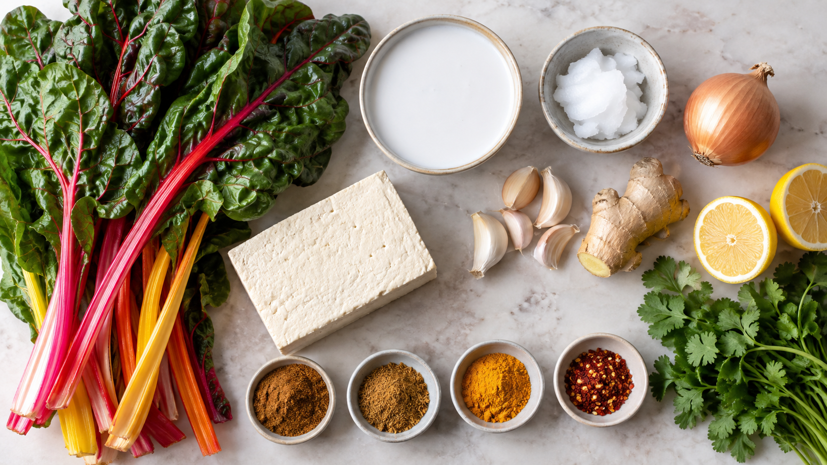 Zutaten für Keto Mangold-Tofu-Saag: ein Bund bunter Mangold, ein Block Tofu natur, eine Dose Kokosmilch, Kokosöl, Zwiebel, Knoblauchzehen, frischer Ingwer, Zitrone, Koriander und Schälchen mit Garam Masala, Kreuzkümmel und Kurkuma