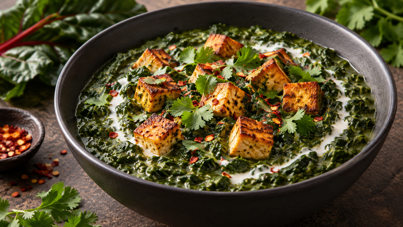 Schale mit dunkelgrünem, cremigem Mangold-Saag mit Kokosmilch, darin goldbraun angebratene Tofuwürfel, garniert mit einem Kokosmilch-Swirl, frischem Koriander und Chiliflocken