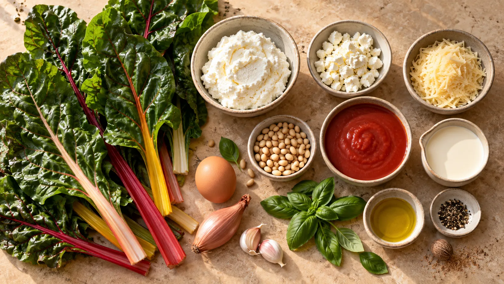 Zutaten für Mangoldrouladen: ein Bund Mangold mit farbigen Stielen, eine Schale Ricotta, Feta-Käse, Pinienkerne, Sahne und passierte Tomaten