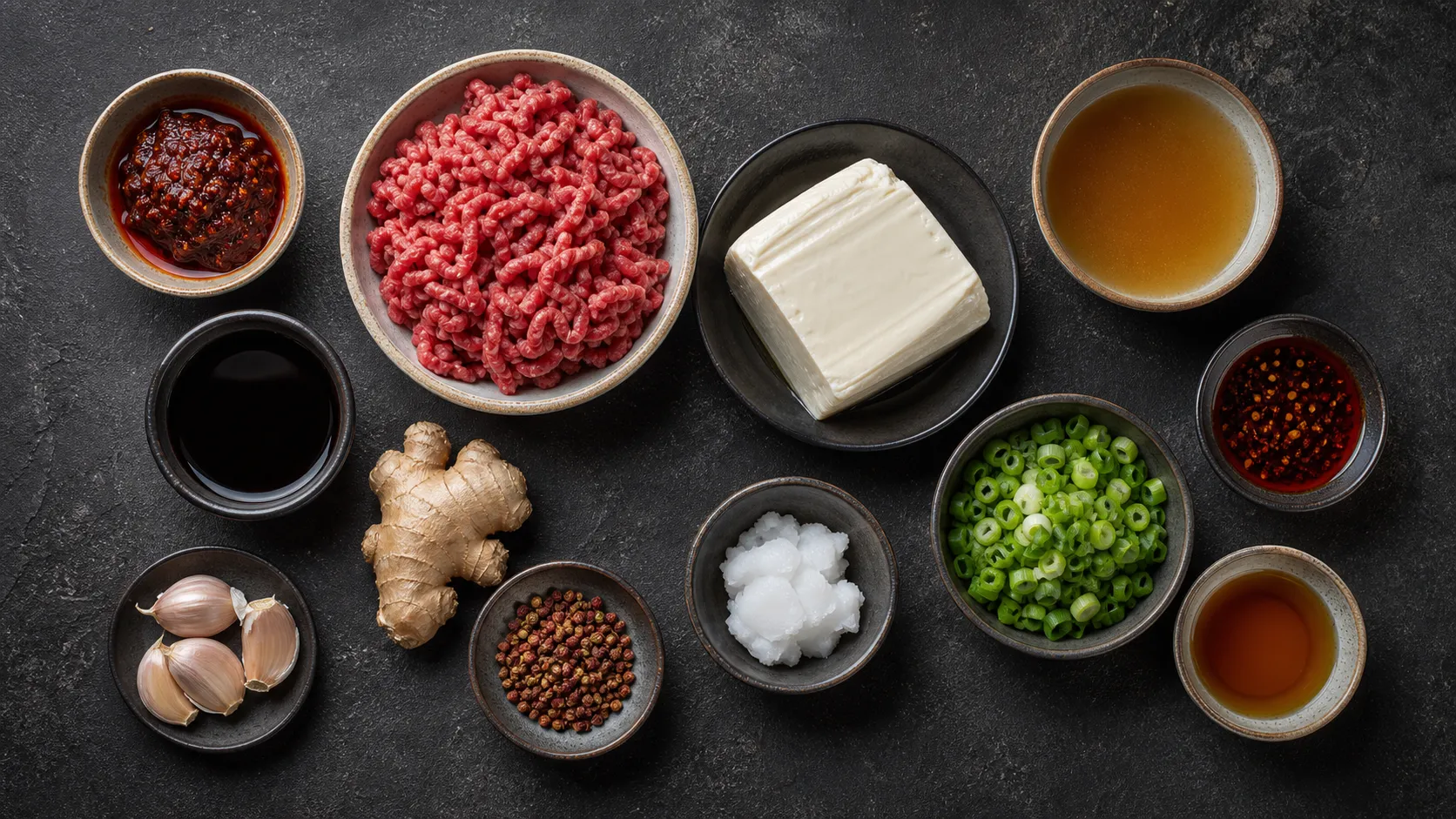 Flatlay der Zutaten für Keto Mapo-Tofu mit Seidentofu, Rinderhack, Doubanjiang und Sichuan-Pfeffer