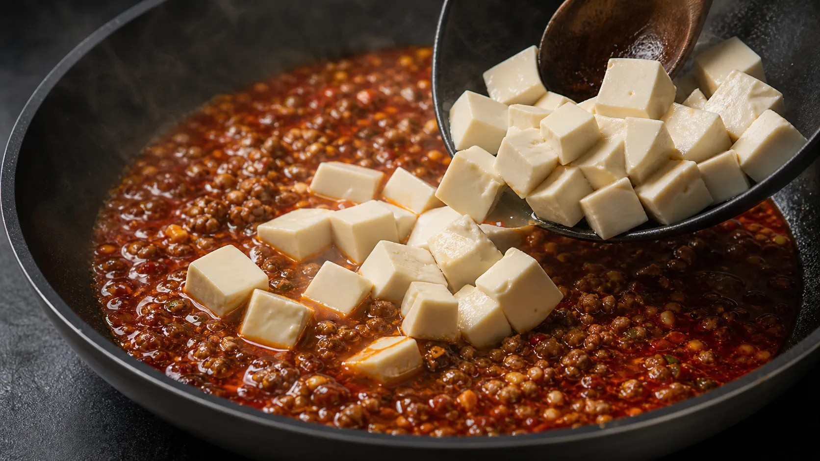 Tofu-Würfel werden vorsichtig in die kochende Sichuan-Sauce für Keto Mapo-Tofu gegeben