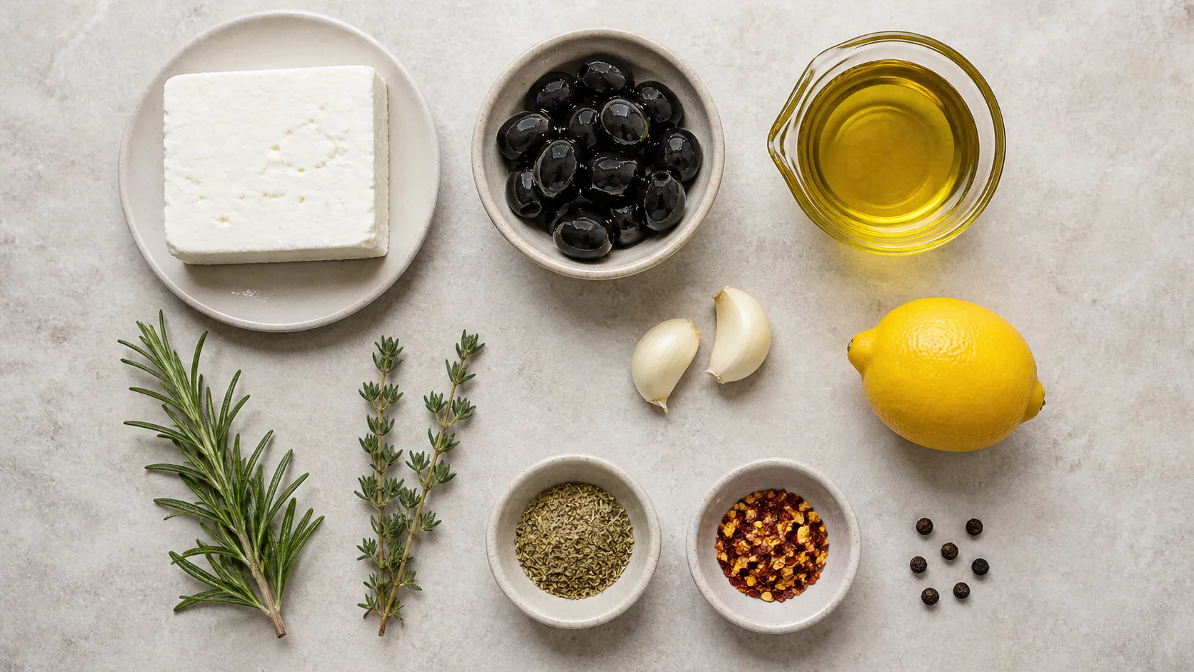 Zutaten für den marinierten Feta-Käse: Feta-Block, schwarze Oliven, Knoblauch, Rosmarin, Thymian, Chiliflocken und Olivenöl