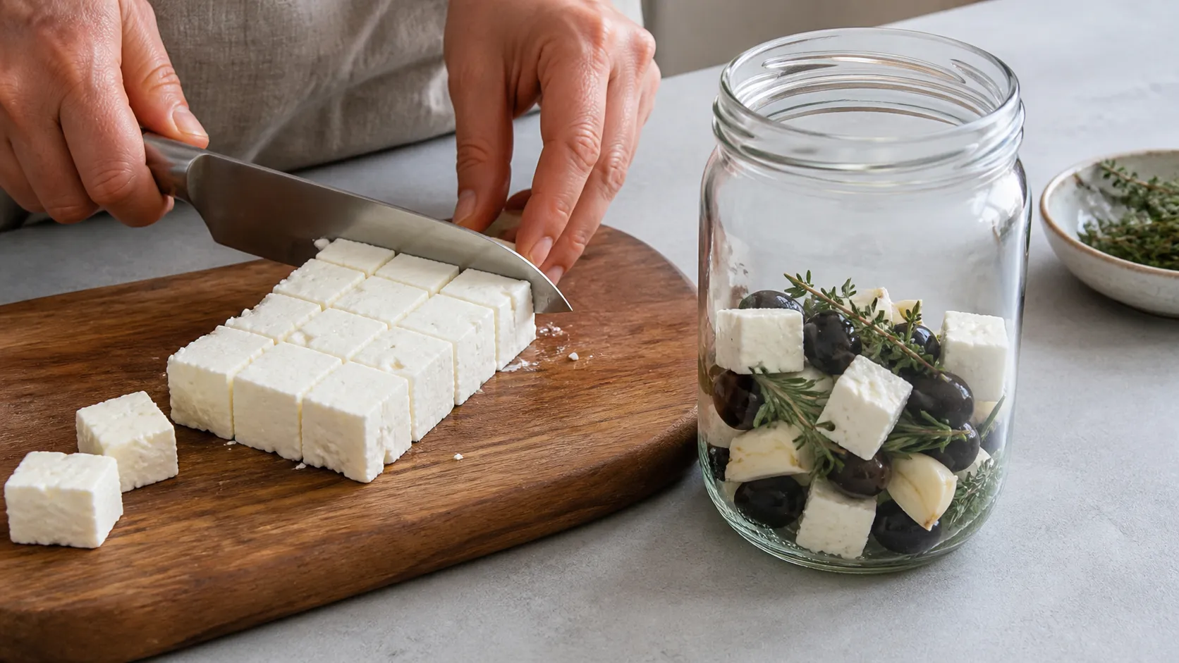 Feta-Käse wird in gleichmäßige Würfel geschnitten und schichtweise mit Kräutern in ein Glas gefüllt