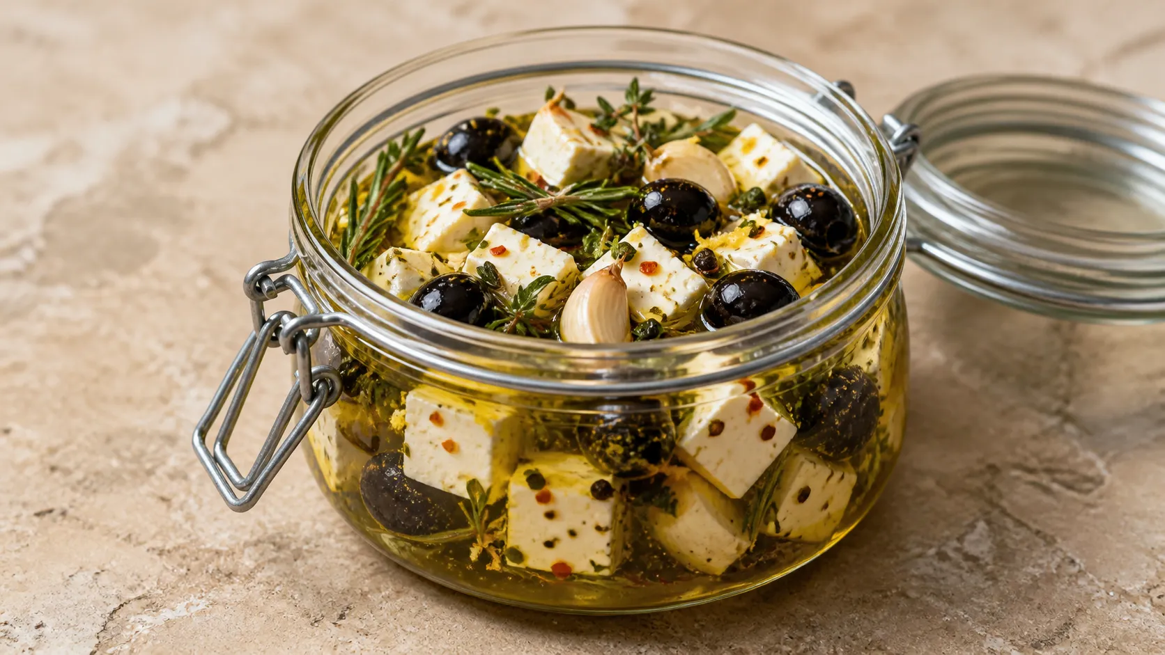 Schraubglas mit Feta-Käse-Würfeln, schwarzen Oliven, Rosmarinzweigen und Chiliflocken in goldenem Olivenöl