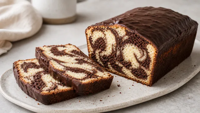 Keto Marmorkuchen aus Mandelmehl mit sichtbarem Schoko-Vanille-Muster