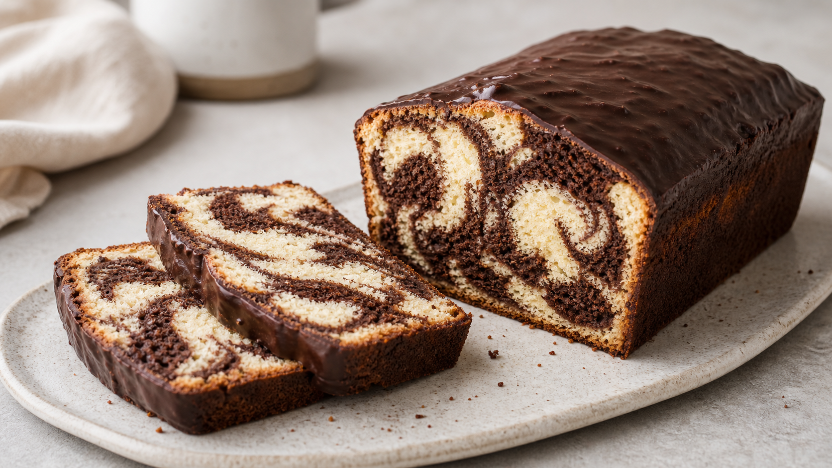 Keto Marmorkuchen aus Mandelmehl mit sichtbarem Schoko-Vanille-Muster