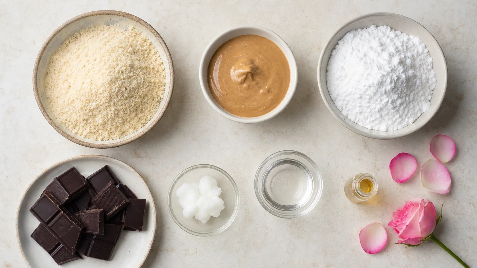 Zutaten für Keto Marzipan: gemahlene Mandeln, Mandelmus, Puder-Erythrit, Rosenwasser und Bittermandelaroma