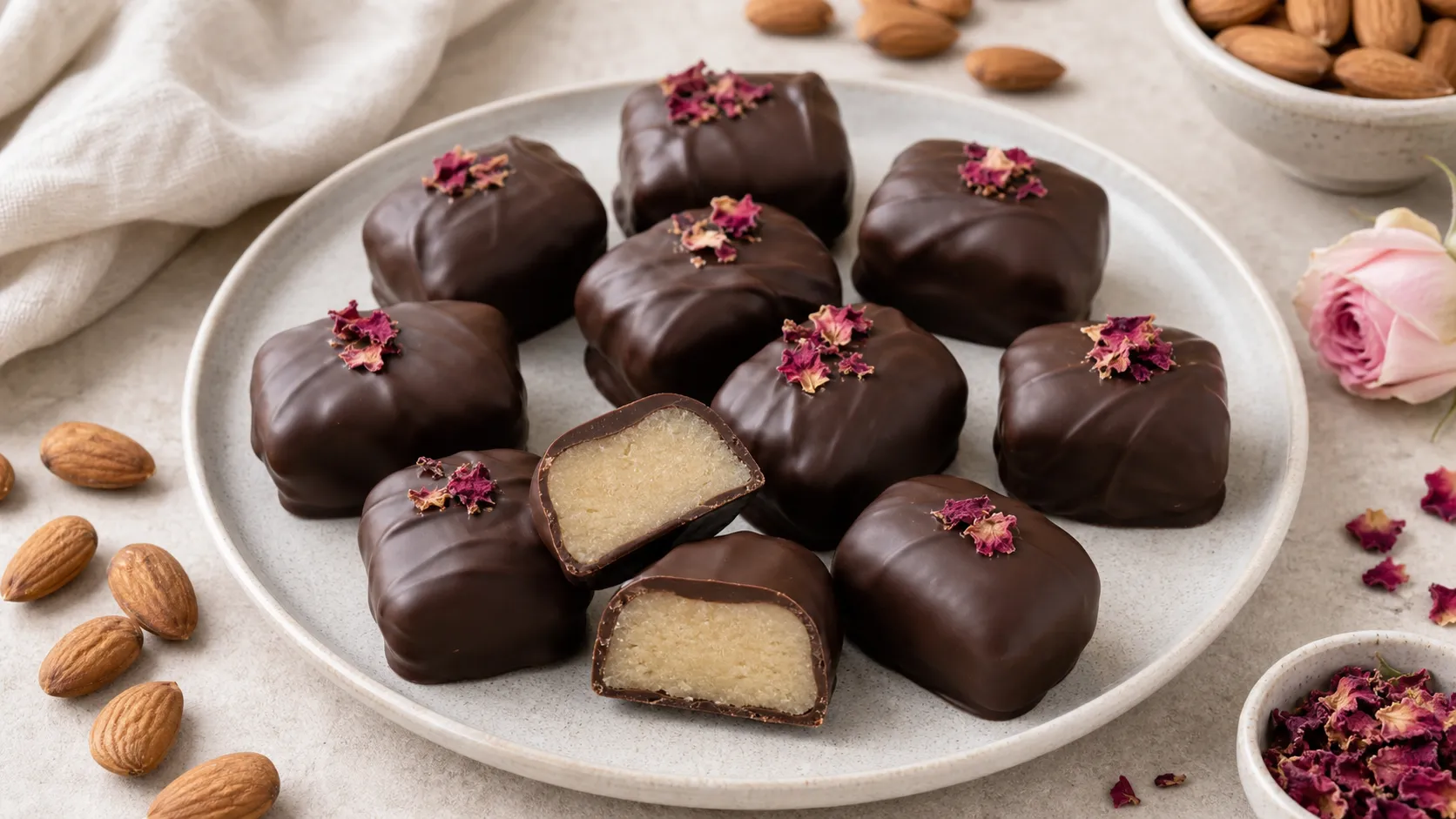 Keto Marzipan-Konfekt mit Schokoladenüberzug auf einem Teller angerichtet