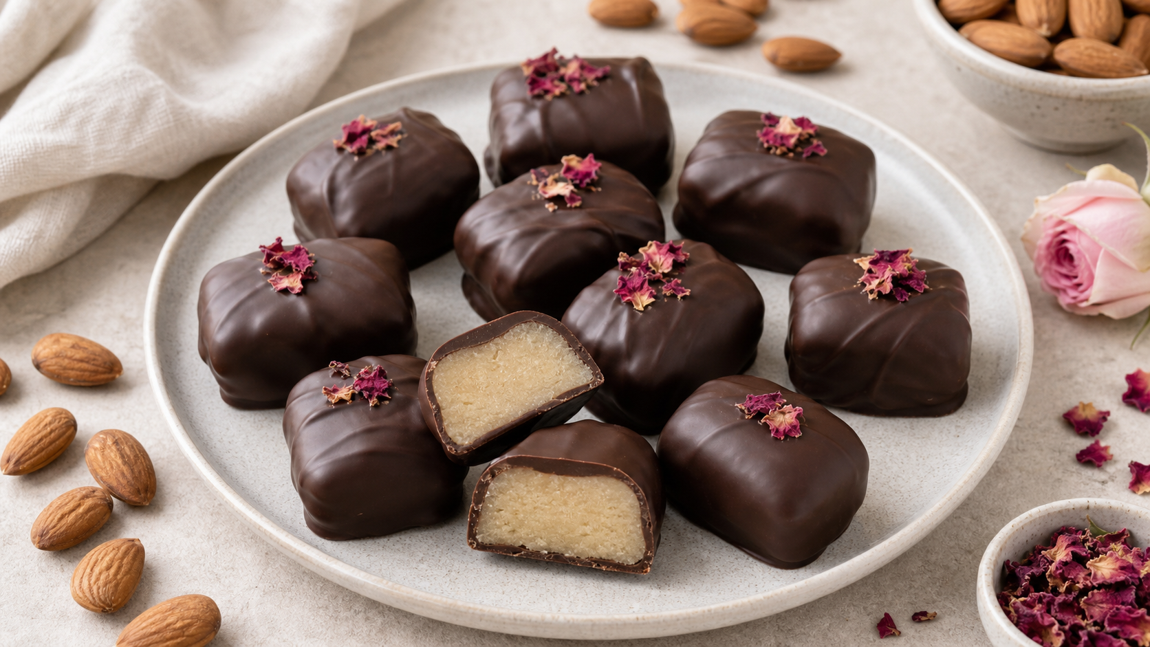 Keto Marzipan-Konfekt mit Schokoladenüberzug auf einem Teller angerichtet