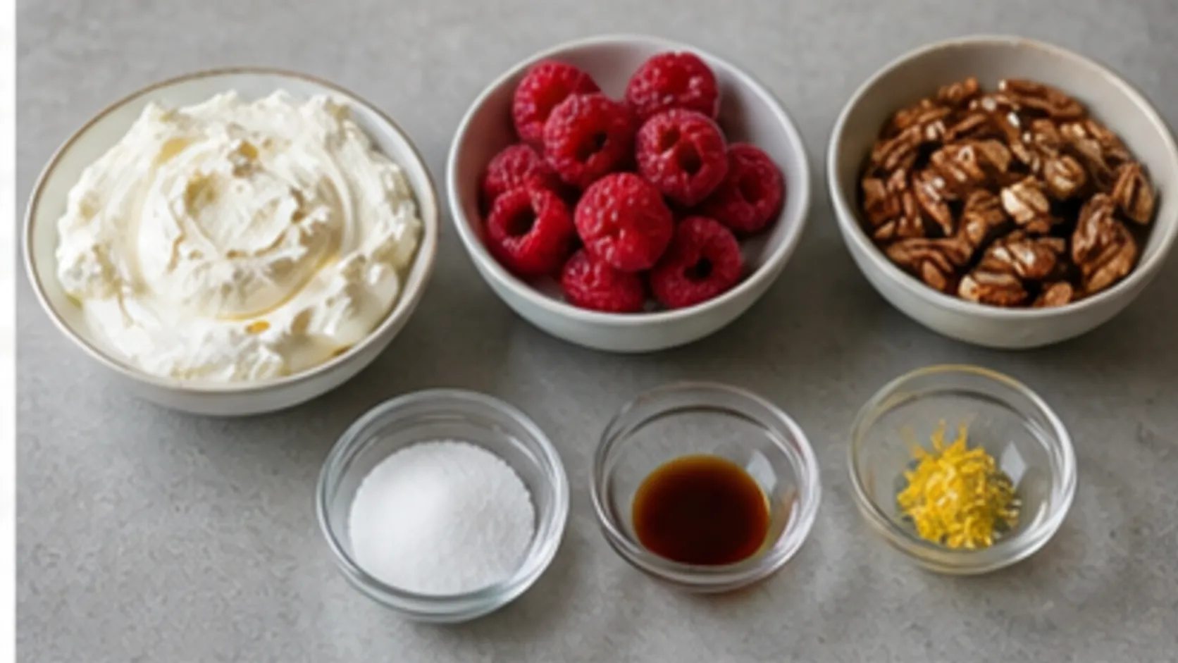 Zutaten für Keto-Mascarpone-Frühstück mit Himbeeren, Pekannüssen, Vanille und Erythrit