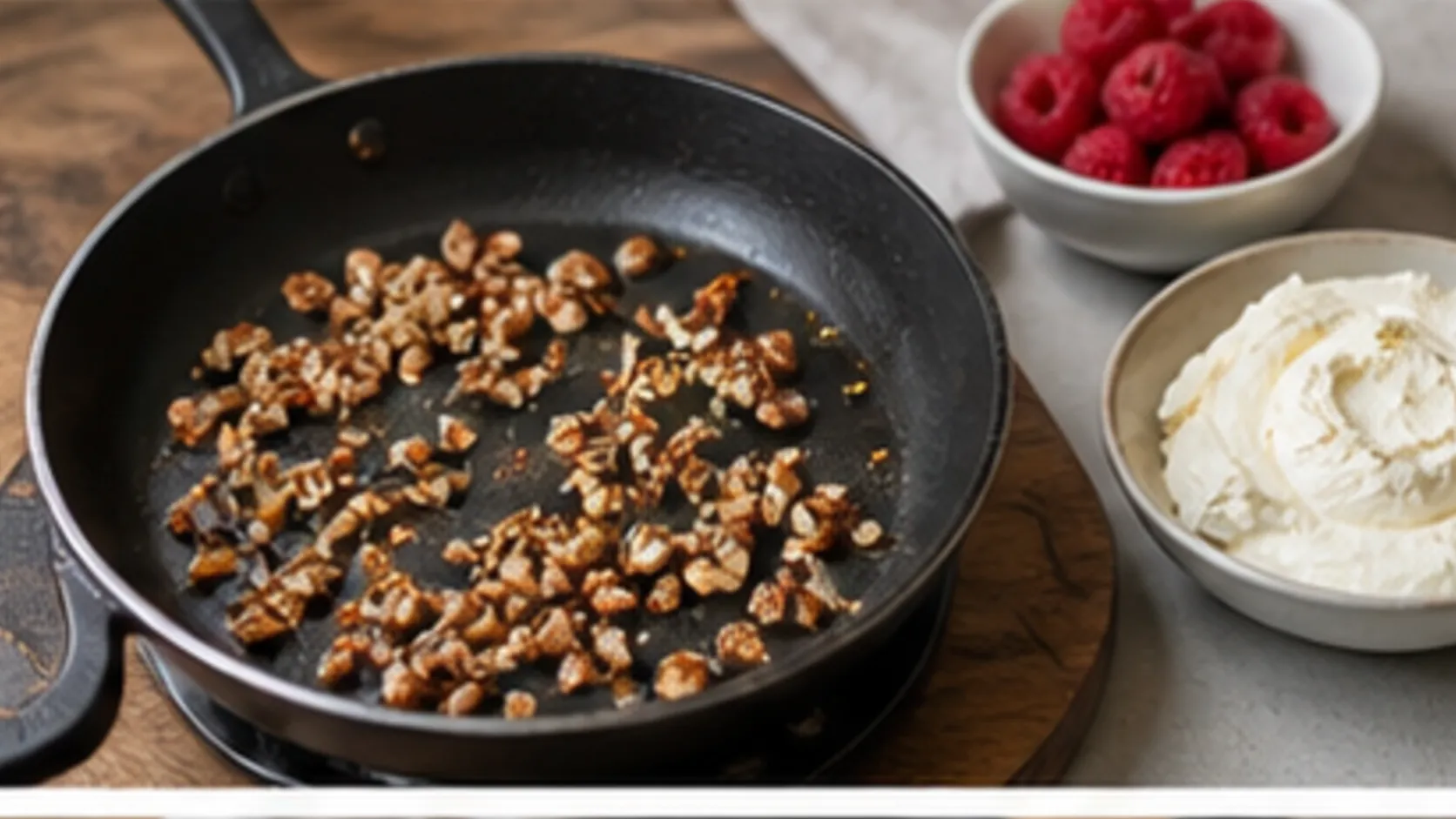 Pekannüsse werden in einer Pfanne für das Keto-Mascarpone-Frühstück trocken geröstet