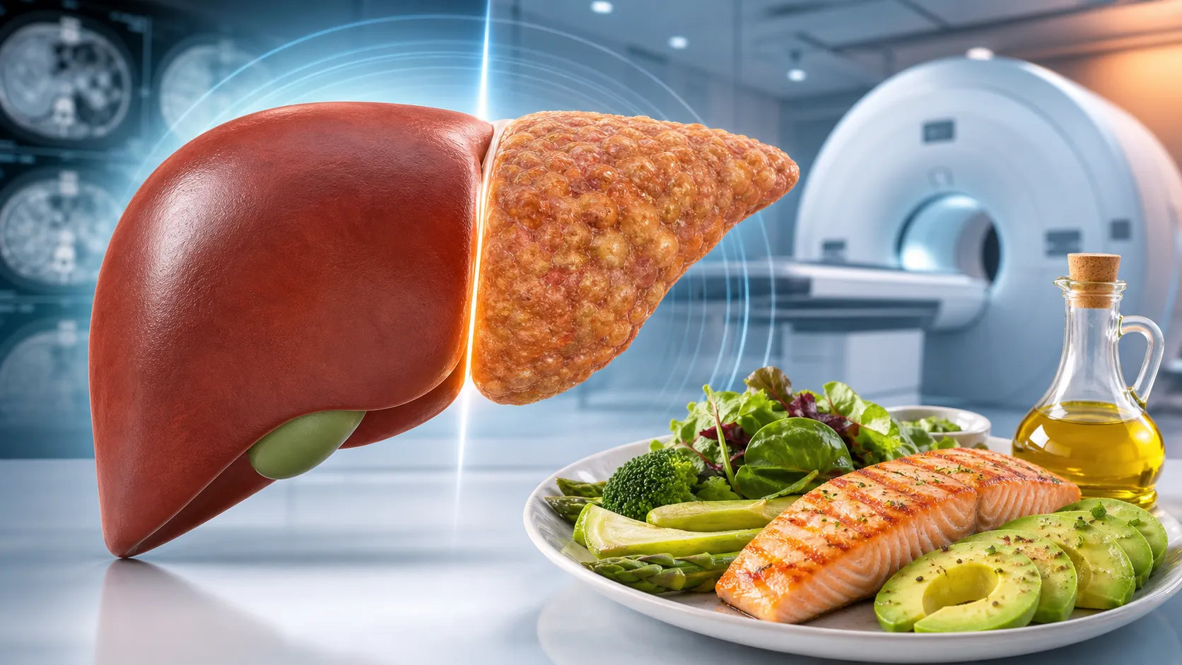 Teller mit gegrilltem Lachs, Avocado und grünem Salat neben einer klinischen Leberabbildung