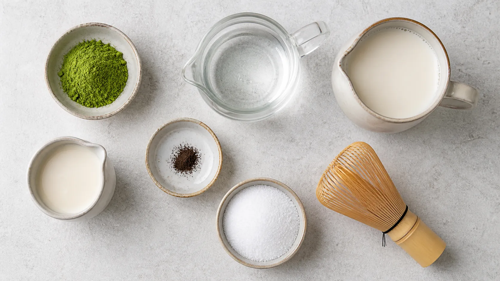 Flatlay der Zutaten für Keto-Matcha-Latte mit Matchapulver, heißem Wasser, Mandeldrink, Sahne, Erythrit und Vanille