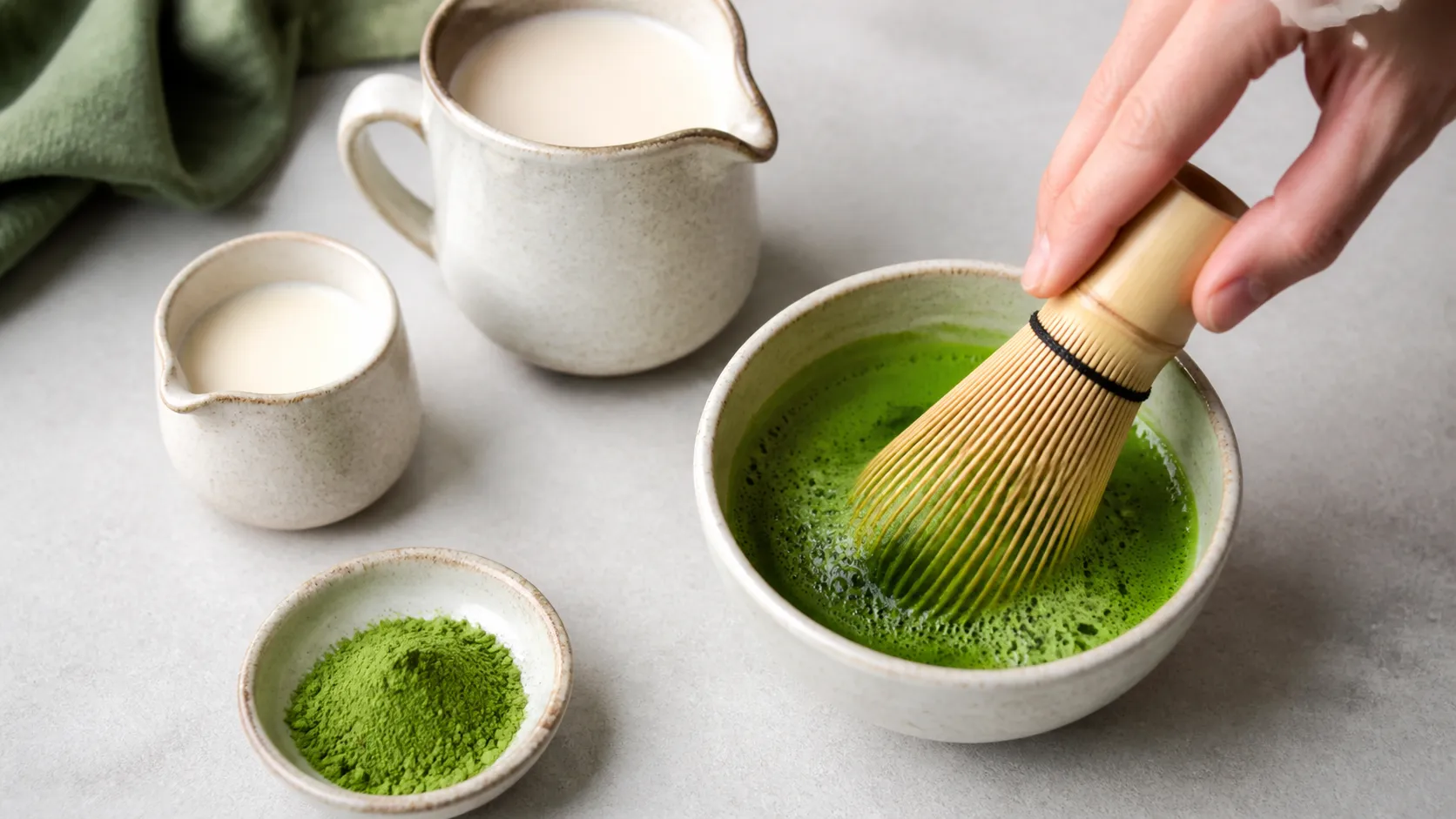Matchapulver wird mit heißem Wasser und Bambusbesen für Keto-Matcha-Latte aufgeschlagen