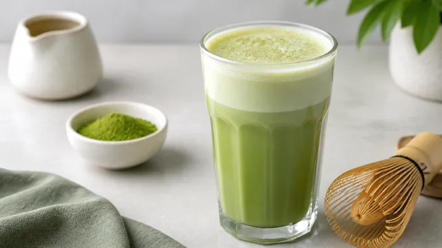 Keto-Matcha-Latte mit Mandeldrink, Sahneschaum und Bambusbesen in einem hohen Glas