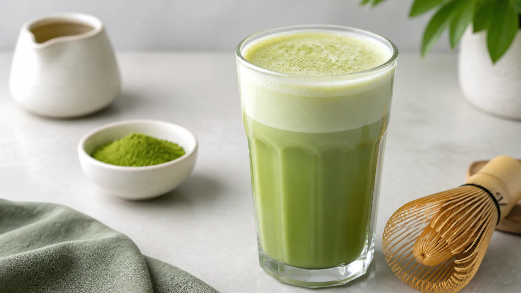 Keto-Matcha-Latte mit Mandeldrink, Sahneschaum und Bambusbesen in einem hohen Glas