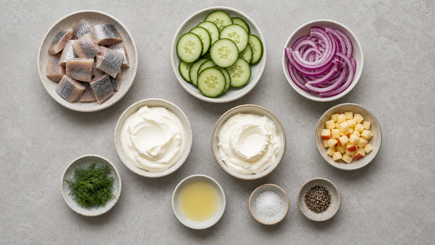 Zutaten für Keto-Matjes-Salat: Matjesfilets, Gurke, rote Zwiebel, Schmand, Crème fraîche, Dill und Apfel