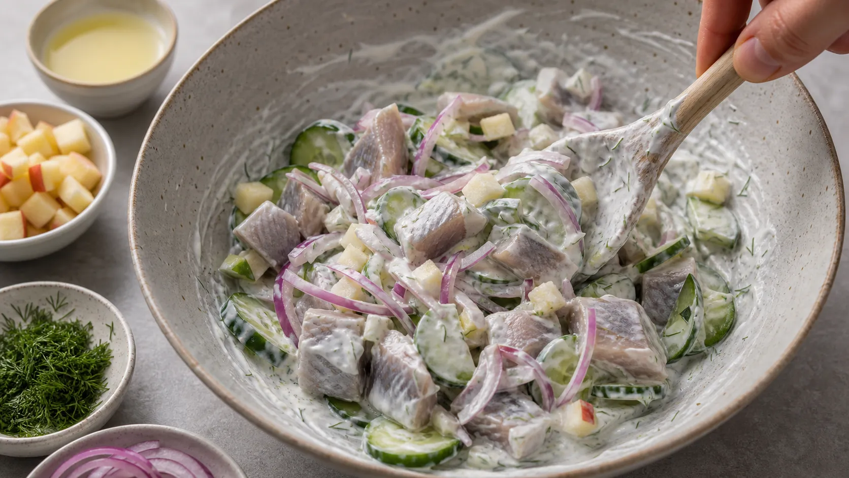 Matjesstücke werden mit Gurke, Zwiebel und Schmand-Sauce in einer Schüssel vermengt