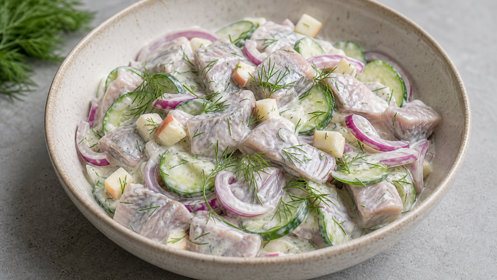 Keto-Matjes-Salat mit Matjesfilets, Gurkenscheiben, roten Zwiebelringen und Dill in einer Schüssel