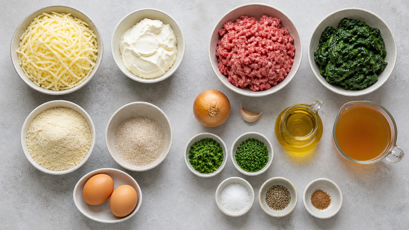Zutaten für Keto-Maultaschen: Mozzarella, Frischkäse, Mandelmehl, Flohsamenschalen, Rinderhackfleisch und Blattspinat