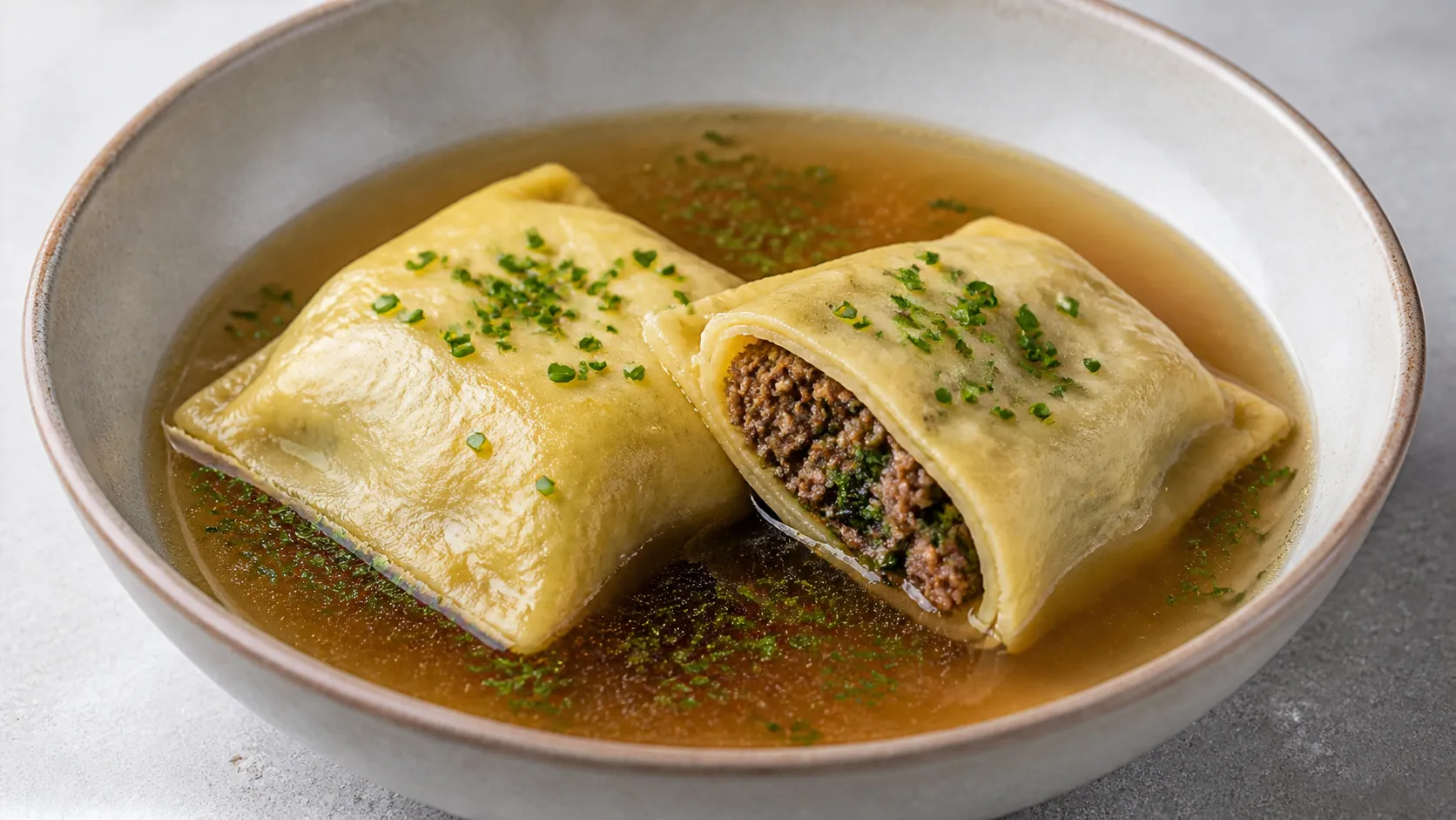 Zwei Keto-Maultaschen mit Hackfleisch-Spinat-Füllung in einem tiefen Teller mit klarer Brühe und Schnittlauch