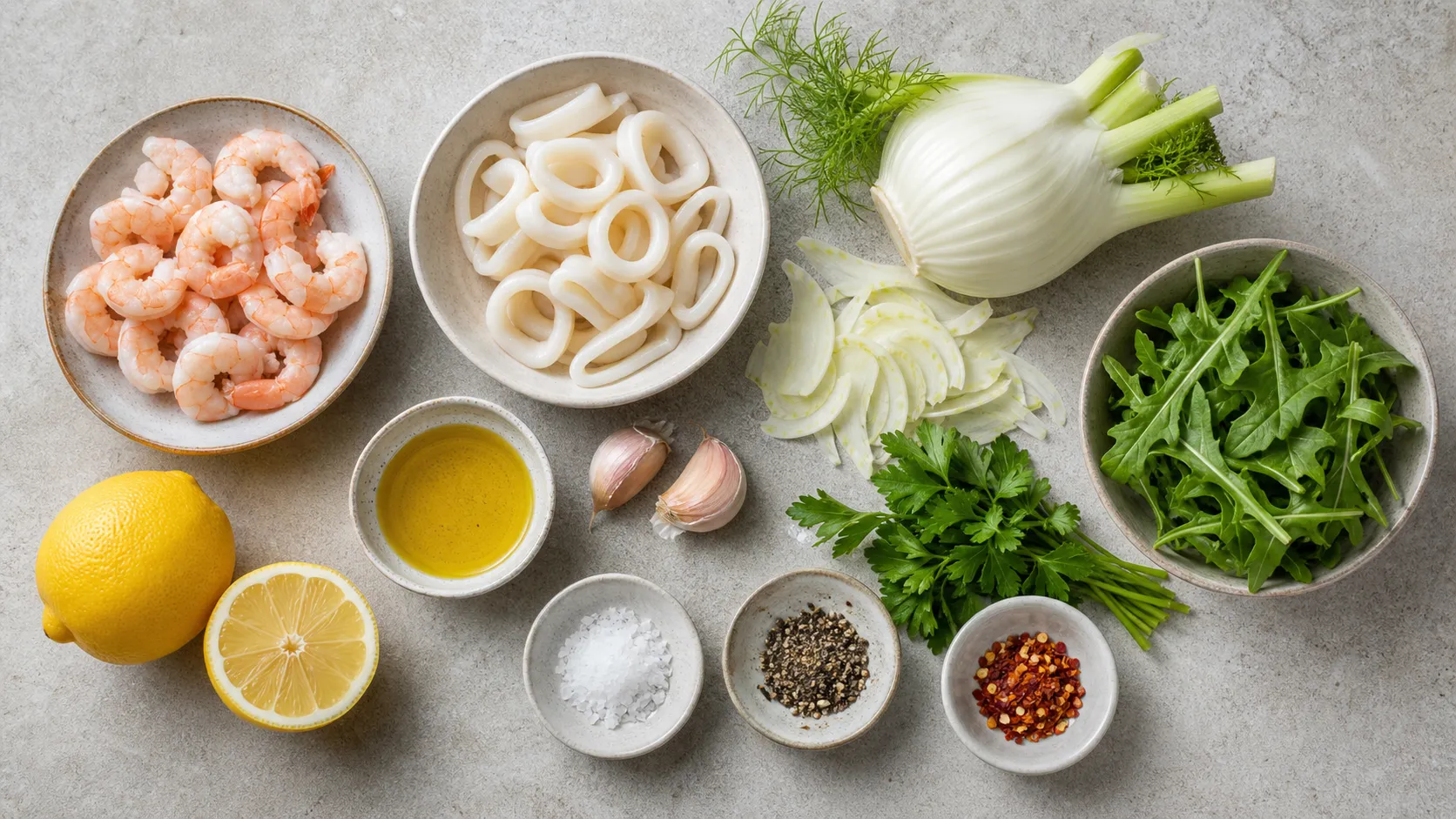 Zutaten für Keto Meeresfrüchtesalat: Garnelen, Calamari, Fenchel, Rucola, Zitrone und Olivenöl