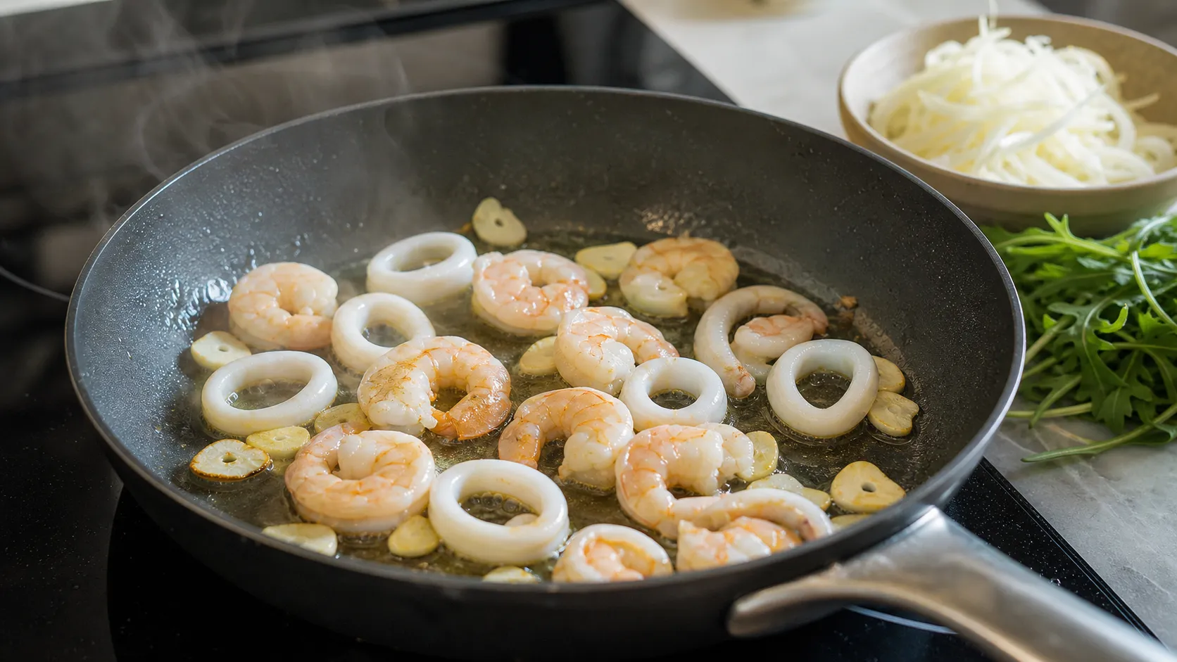 Garnelen und Calamari braten in der Pfanne mit Knoblauch und Olivenöl