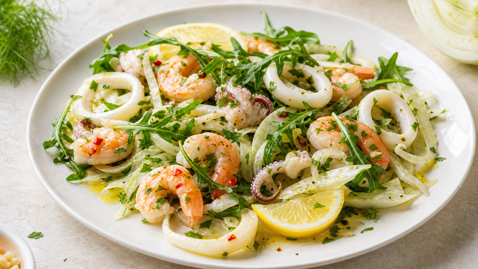 Keto Meeresfrüchtesalat mit Garnelen, Calamari, Fenchel, Rucola und Zitrone auf einem Teller