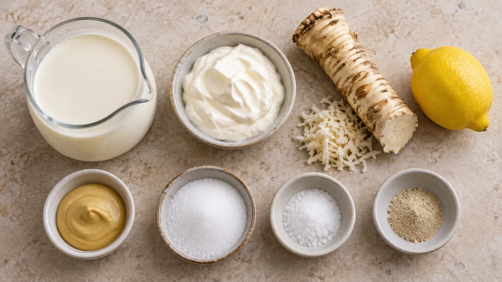 Zutaten für Keto-Meerrettich-Sahne-Sauce: eine frische Meerrettichwurzel, Sahne, Crème fraîche, Dijonsenf, eine Zitrone, Salz und weißer Pfeffer