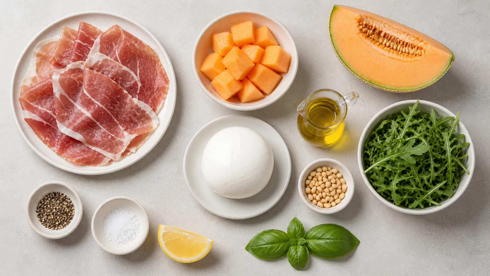 Zutaten für Keto Melonen-Serrano-Salat: halbe Cantaloupe-Melone, Serranoschinken, Büffelmozzarella, Rucola, Pinienkerne, Olivenöl