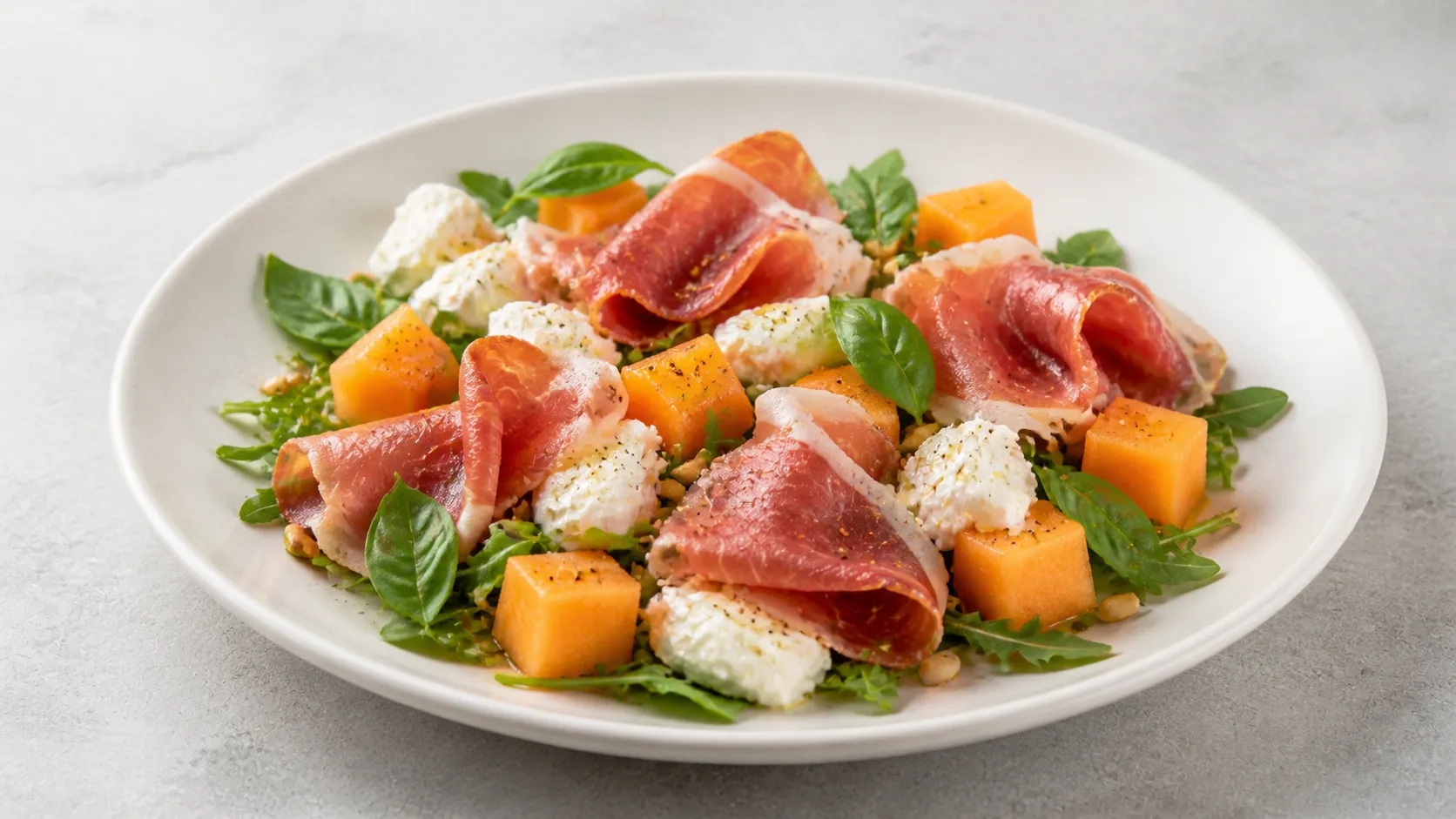 Teller mit Keto Melonen-Serrano-Salat: Melonenwürfel, Büffelmozzarella, Serranoschinken, Rucola und Pinienkerne